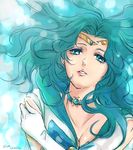  bishoujo_senshi_sailor_moon blue_eyes blue_hair breasts choker circlet cleavage earrings elbow_gloves gloves jewelry kaiou_michiru long_hair magical_girl medium_breasts sailor_neptune sailor_senshi_uniform solo tida_kietsungden wavy_hair white_gloves 