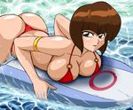  armlet ass bikini breast_press breasts brown_eyes brown_hair derivative_work large_breasts lying on_stomach ranma_1/2 solo string_bikini surfboard swimsuit tendou_nabiki thong_bikini water 