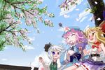  :d alcohol bare_shoulders blonde_hair blue_eyes blush chain cherry_blossoms drunk fang from_below hat ibuki_suika konpaku_youmu konpaku_youmu_(ghost) long_hair morioka_itari mouth_hold multiple_girls open_mouth pink_hair saigyouji_yuyuko sake short_hair sitting sleeveless smile squiggle sweatdrop touhou white_hair yellow_eyes 