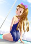  ass blush bow brown_eyes brown_hair dutch_angle hair_bow idolmaster idolmaster_(classic) indoors long_hair looking_back minase_iori one-piece_swimsuit ponnetsu pool poolside rei_no_pool sitting smile solo swimsuit 