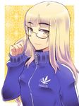  adidas blonde_hair brand_name_imitation clothes_writing em eyebrows flat_chest glasses jacket long_hair perrine_h_clostermann solo strike_witches track_jacket turtleneck world_witches_series yellow_eyes zipper 