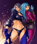  angel_(kof) aqua_hair ass breasts chaps cleavage cropped_jacket crystal fingerless_gloves gloves grey_eyes grey_hair hair_over_one_eye highres ice kazakami_yuu kula_diamond large_breasts long_hair long_sleeves midriff multiple_girls navel panties purple_eyes red_eyes sleeves_folded_up the_king_of_fighters underwear 