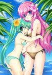  bad_id bad_pixiv_id bikini blue_eyes blush day flower frills front-tie_top green_eyes hair_flower hair_ornament hatsune_miku hibiscus hug long_hair megurine_luka multiple_girls navel one_eye_closed pink_hair project_diva project_diva_(series) ratise side-tie_bikini smile striped striped_bikini swimsuit swimwear_(module) twintails very_long_hair vocaloid water 