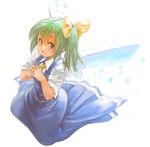  bow brown_eyes daiyousei fairy green_hair hair_bow hands_clasped kneeling own_hands_together ribbon sachito short_hair side_ponytail simple_background solo touhou white_background wings 