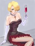  bare_shoulders blonde_hair blue_eyes breasts cleavage dress earrings elbow_gloves fishnet_pantyhose fishnets gloves hair_over_one_eye jewelry kimiarugatame large_breasts legs long_legs maria_tachibana necklace pantyhose sakura_taisen short_hair side_slit thighs 