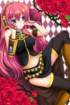  adjusting_hair argyle argyle_background armband bad_id bad_pixiv_id bare_shoulders black_legwear blue_eyes boots detached_sleeves flower headphones long_hair megurine_luka midriff navel pink_hair ratise rose smile solo thighhighs thorns vocaloid zettai_ryouiki 