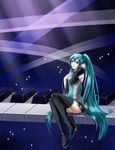  absurdres aqua_eyes aqua_hair detached_sleeves hand_on_own_chest hatsune_miku highres instrument iwao legs long_hair necktie open_mouth piano sitting skirt solo thighhighs twintails very_long_hair vocaloid 