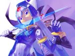  1girl amberely arm_grab blue_eyes breasts energy_sword fingerless_gloves gloves glowing glowing_eye leviathan_(rockman) medium_breasts phantom_(rockman) red_eyes rockman rockman_zero sword weapon 