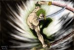  action dual_wielding earrings green_hair holding jewelry katana male_focus manly mouth_hold muscle one_piece roronoa_zoro shirtless solo sword triple_wielding weapon 
