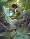  barefoot belt black_eyes black_hair chad_walker dougi energy_ball fingerless_gloves forest gloves hadouken headband male_focus muscle nature open_mouth rock ryuu_(street_fighter) solo splashing street_fighter tree wading water waterfall 