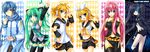  4girls aqua_eyes argyle argyle_background armpits bad_id bad_pixiv_id bare_shoulders belt bikini_top black_hair black_legwear black_rock_shooter black_rock_shooter_(character) blonde_hair blue_eyes blue_hair blue_scarf burning_eye chain checkered detached_sleeves fang food green_hair hair_ornament hairband hairclip hatsune_miku headset highres hood hooded_jacket ice_cream jacket kagamine_len kagamine_rin kaito long_hair megurine_luka midriff multiple_boys multiple_girls nail_polish navel necktie pink_hair pink_nails ratise sailor_collar salute scarf short_hair shorts side_slit smile spring_onion star thighhighs twintails very_long_hair vocaloid waving zettai_ryouiki 