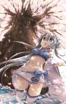  aqua_eyes bad_id bad_pixiv_id bare_shoulders cherry_blossoms detached_sleeves double_bun long_hair looking_up midriff mijinkouka navel open_mouth original petals ribbon silver_hair skirt solo thighhighs tree twintails very_long_hair water 