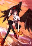  black_hair black_legwear blush fan flying geta hat hauchiwa highres large_wings looking_at_viewer red_eyes rei-ru shameimaru_aya short_hair skirt sky solo sunset tengu-geta thighhighs tokin_hat touhou wings zettai_ryouiki 