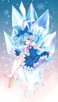  barefoot blue_eyes blue_hair bow cirno curtsey feet floating hair_bow hara_yui highres ice looking_at_viewer short_hair smile snowflakes solo touhou wings 