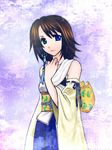  1girl 74 bare_shoulders blue_eyes brown_hair detached_sleeves female final_fantasy final_fantasy_x green_eyes heterochromia japanese_clothes kimono long_hair solo yuna 