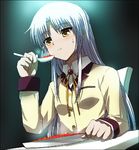  angel_beats! eating food fura long_hair mapo_doufu plate school_uniform silver_hair solo spoon table tenshi_(angel_beats!) yellow_eyes 