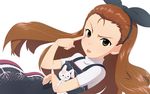  :p absurdres akanbe brown_eyes brown_hair hair_ribbon highres idolmaster idolmaster_(classic) long_hair minase_iori ribbon solo stuffed_animal stuffed_bunny stuffed_toy tongue tongue_out yooguru 