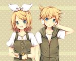  1girl aqua_eyes bad_id bad_pixiv_id blonde_hair bracelet brother_and_sister casual chizu_(fiute) digital_media_player hair_ornament hair_ribbon hairclip headphones jewelry kagamine_len kagamine_rin necklace open_mouth ribbon short_hair siblings twins vocaloid 