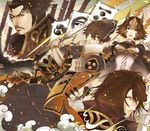  1girl 3boys anoringo armor arrow bird black_eyes black_hair bow_(weapon) brown_eyes brown_hair character_request crown facial_hair female goatee hat male mouri_motonari multiple_boys oda_nobunaga sengoku_musou sengoku_musou_2 sengoku_musou_3 short_hair sword tachibana_ginchiyo tachibana_muneshige weapon 