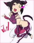  ;d black_hair border character_name drill_hair dudou fingerless_gloves gloves halter_top halterneck han_juri kon_(kdash) leaning_forward lowres oekaki one_eye_closed open_mouth pointing pose purple_eyes red_border simple_background smile solo street_fighter street_fighter_iv_(series) text_focus toeless_legwear twin_drills white_background 