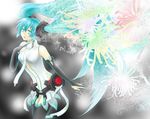  aqua_eyes aqua_hair bridal_gauntlets hand_on_own_chest hatsune_miku hatsune_miku_(append) isopen long_hair navel necktie open_mouth solo thighhighs twintails very_long_hair vocaloid vocaloid_append 
