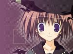  :3 bangs brown_hair closed_mouth collarbone eyebrows_visible_through_hair hat ikegami_akane looking_at_viewer negative_space original short_hair smile solo tareme upper_body witch_hat 