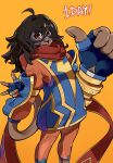  1girl :d black_hair blue_gloves commentary dark-skinned_female dark_skin domino_mask elasticity english_commentary english_text extendable_limbs eye_mask fingerless_gloves gloves hair_between_eyes highres kamala_khan large_hands long_arms long_hair looking_at_viewer marvel marvel_tokon:_fighting_souls mask ms._marvel_(series) open_mouth orange_background oversized_limbs red_eyes red_scarf scarf smile solo superhero_costume teeth thumbs_up w white_noize77 