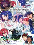  2boys 3girls absurdres amate_yuzuriha amuro_ray aqua_eyes aqua_shirt arrow_(symbol) black_hair blue_hair blush breasts brown_hair closed_mouth collared_shirt colored_inner_hair commentary_request couple gundam gundam_gquuuuuux hetero highres holding jacket lalah_sune long_hair long_sleeves mecha_pilot_suit multicolored_hair multiple_boys multiple_girls necktie normal_suit_(gundam) nyaan_(gundam_gquuuuuux) open_mouth osamu_(uko_oku) puff_of_air purple_hair red_eyes red_hair school_uniform shirt short_hair shuji_ito smile speech_bubble sweater tank_top tears thought_bubble two-tone_hair white_shirt yellow_eyes 
