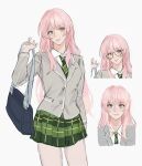  1girl aegyo_sal animal_ears bag bang_dream! bang_dream!_it's_mygo!!!!! blue_bag chihaya_anon closed_mouth commentary diagonal-striped_clothes diagonal-striped_necktie glasses green_necktie green_skirt grey_eyes grey_jacket highres jacket long_hair multiple_views necktie pink_hair plaid_clothes plaid_skirt pleated_skirt school_bag shoulder_bag simple_background skirt striped_clothes striped_necktie untranslatable_commentary white_background woowoososo 