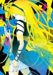  1girl abstract_background black_shirt blonde_hair bracelet commentary cowboy_shot deepsleep13 english_commentary headphones jewelry lily_(vocaloid) long_hair pleated_skirt shirt skirt sleeveless sleeveless_shirt solo very_long_hair vocaloid 