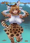  1girl animal_ear_fluff animal_ears animal_print black_hair blonde_hair blush bow bowtie breasts commentary_request elbow_gloves extra_ears fang gloves hanging_breasts high-waist_skirt kemono_friends large_breasts nyororiso_(muyaa) open_mouth orange_bow orange_bowtie paw_pose print_bow print_bowtie print_gloves print_skirt serval_(kemono_friends) shirt short_hair skirt sleeveless smile striped_tail tail thighhighs two-tone_bow two-tone_bowtie white_bow white_bowtie 
