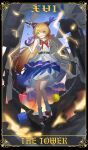  1girl absurdres ball_and_chain_restraint black_shoes blonde_hair border bow bowtie brown_horns card_(medium) chinese_commentary commentary_request footwear_bow full_body gan_cao_xuan_mi_su gourd hair_bow highres holding holding_gourd horn_ornament horn_ribbon horns ibuki_suika inset_border looking_at_viewer oni open_mouth ornate_border purple_skirt red_bow red_bowtie ribbon roman_numeral shirt shoes skirt smile socks solo tarot tarot_(medium) the_tower_(tarot) touhou white_shirt white_socks yellow_eyes 