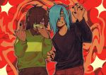  1boy 1other antenna_hair bio_(bioshitto) black_nails black_shirt blue_eyes blue_hair brown_hair brown_pants crossover deltarune fake_horns green_sweater hairband highres horn_hairband horns kris_(deltarune) mask middle_finger pants red_background red_eyes red_pants sal_fisher sally_face shirt single_horizontal_stripe sparkle sweater trait_connection utdr_(toby_fox) white_mask 
