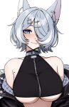  1girl :3 absurdres animal_ear_fluff animal_ears aqua_eyes bare_shoulders blush breasts collar commentary cross-shaped_pupils daydarion elira_pendora elira_pendora_(6th_costume) english_commentary fur-trimmed_jacket fur_trim grey_hair hair_over_one_eye highres jacket large_breasts large_variant_set looking_at_viewer mole mole_on_armpit nijisanji nijisanji_en off_shoulder short_hair simple_background solo symbol-shaped_pupils underboob upper_body variant_set virtual_youtuber white_background wolf_ears 