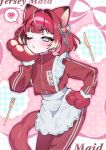  1girl akami_karubi animal_ears animal_hands apron blue_eyes blush crazy_raccoon english_commentary english_text fork gloves hair_ribbon hand_on_own_cheek hand_on_own_face heart highres jacket knife one_eye_closed paw_gloves polka_dot polka_dot_background red_gloves red_hair red_jacket ribbon sai_saburou short_hair solo spoken_heart tail track_jacket track_suit 