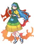  1girl absurdres apron arm_ribbon between_fingers blue_hair chisel closed_mouth commentary_request dress fire full_body green_apron green_headscarf haniyasushin_keiki headscarf highres holding jewelry long_hair looking_at_viewer magatama magatama_necklace mixed_holding necklace nnn_lu object_in_pocket one-hour_drawing_challenge pink_eyes pocket ribbon sandals simple_background single_strap smile solo toes tools touhou white_background wood_carving_tool yellow_dress 