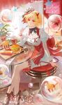  1girl absurdres artist_request back_bow bar_stool black_bow black_bowtie black_hairband blonde_hair bottle bow bowtie breasts bubble character_name chicken_nuggets chicken_sandwich chinese_commentary chinese_text commentary_request commission cup demon_horns demon_tail dress elbow_on_table fake_horns food frilled_dress frilled_dress_collar frills full_body hair_bun hairband high_heels highres holding holding_spoon horns ice_cream identity_v indoors juliet_sleeves kfc large_bow long_sleeves looking_at_viewer mayonnaise medium_breasts mole mole_under_eye on_stool pantyhose pencil_dress perfume_bottle plant puffy_sleeves receipt red_bow red_dress red_eyes red_shoes round_table second-party_source shoes sitting smile solo sparkle spoon stool table tail teaspoon tray two-tone_dress vera_nair vera_nair_(lady_k) watermark white_dress white_hair white_pantyhose window 
