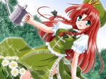  aqua_eyes blush bow braid china_dress chinese_clothes daisy dress dutch_angle flower hair_bow hat hong_meiling long_hair open_mouth rainbow red_hair smile solo source_request star touhou twin_braids watering_can yamu_(reverse_noise) 