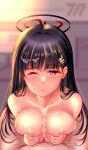  1boy 1girl black_hair blue_archive blunt_bangs blurry blurry_background blush breasts breasts_squeezed_together cleavage closed_mouth collarbone commentary_request completely_nude cum cum_on_body cum_on_breasts cum_on_hair facial hair_ornament hairclip halo highres hikaru_310 large_breasts light_frown logo_hair_ornament long_hair looking_at_viewer millennium_science_school_logo nipples nude one_eye_closed paid_reward_available paizuri pov pov_crotch ringed_eyes rio_(blue_archive) solo_focus variant_set 