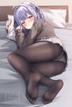  1girl ahoge ass black_ribbon blush braid brown_pantyhose brown_sweater character_request closed_mouth commentary_request commission copyright_request crotch_seam feet foreshortening full_body grey_skirt hair_ribbon head_on_pillow highres indoors long_sleeves looking_at_viewer lying minazuki_(uraha246) miniskirt no_shoes on_bed on_side panties panties_under_pantyhose pantyhose pantyshot pillow plaid_clothes plaid_skirt pleated_skirt purple_eyes purple_hair ribbon school_uniform short_hair skirt small_sweatdrop solo sweater thighband_pantyhose thighs underwear upskirt watermark white_panties 