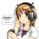  brown_eyes brown_hair digital_media_player eyebrows hand_on_ear headphone_+_musume headphones lowres otakubeam sansui shadow short_hair simple_background solo thick_eyebrows 