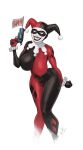  1girl 2026 batman_(series) black_bodysuit black_gloves black_hat black_mask blue_eyes bodysuit breasts covered_nipples dc_comics devilhs domino_mask eye_mask gloves grin gun harley_quinn harley_quinn_(classic) hat highres holding holding_gun holding_weapon jester_cap large_breasts mask multicolored_bodysuit multicolored_nails red_bodysuit red_gloves red_hat signature simple_background smile solo two-tone_bodysuit two-tone_hat weapon white_background 