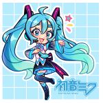  1girl ahoge black_boots black_skirt blue_background blue_eyes blue_hair blue_necktie boots character_name collared_shirt commentary detached_sleeves english_commentary full_body grid_background hair_ornament hatsune_miku headset highres long_hair looking_at_viewer necktie number_tattoo open_mouth pleated_skirt redinthesea see-through_clothes see-through_sleeves shirt shoulder_tattoo skirt sleeveless sleeveless_shirt smile solo standing standing_on_one_leg star_(symbol) tattoo thigh_boots twintails very_long_hair vocaloid white_shirt 