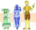  1other 2boys aafff567346 alternate_costume blonde_hair blue_(deltarune) blue_flower blue_hair blue_one-piece_swimsuit blue_rose brown_shorts closed_eyes colored_eyelashes commentary deltarune dress flower frilled_one-piece_swimsuit frills green_(deltarune) green_dress green_hair green_shoes hat highres holding holding_water_gun multiple_boys one-piece_swimsuit pectorals ponytail rose sandals shirt shoes short_hair shorts slides sun_hat swimsuit untranslatable_commentary utdr_(toby_fox) water_gun yellow_(deltarune) yellow_shirt yellow_shoes 