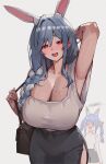 2girls absurdres alternate_costume animal_ears arm_behind_head arm_up armpits artist_name bag black_skirt blue_hair blush braid braided_ponytail braided_twintails breasts carrot_hair_ornament cleavage collarbone cowboy_shot english_text extra_ears food-themed_hair_ornament hair_between_eyes hair_ornament hair_over_shoulder hand_up handbag highres hololive huge_breasts long_hair long_sleeves looking_at_viewer low-tied_long_hair mature_female medium_breasts meeko_illus mole mole_on_breast mother_and_child mother_and_daughter multiple_girls open_mouth parent_and_child pekomama pencil_skirt presenting_own_armpit rabbit_ears rabbit_girl red_eyes ring_light_reflection shirt short_eyebrows short_sleeves side_slit simple_background skirt standing surprised taut_clothes taut_shirt thick_eyebrows twitter_username usada_pekora virtual_youtuber white_background wide-eyed wide_sleeves 