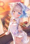  1girl :o absurdres animal_ears architecture blue_eyes blush breasts cameltoe chinese_clothes cleavage commentary_request covered_navel cup dress east_asian_architecture evening flower fox_ears fox_girl fox_tail grey_hair hair_flower hair_ornament harbor highres holding holding_tray indoors knees_together_feet_apart komugi-chan_(komugi) komugi_(2212) landscape lantern maid_headdress mole mole_under_eye mountainous_horizon multicolored_eyes navel open_mouth orange_sky original panties pussy_juice qipao scenery short_hair sky sleeveless sleeveless_dress small_breasts solo standing tail teacup teapot thighhighs thong thong_panties tray two-tone_eyes underwear white_dress white_panties white_thighhighs window yellow_eyes 