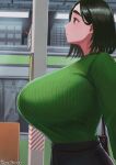  1girl bag black_hair black_skirt breasts chinushiroya earrings from_side green_sweater huge_breasts jewelry looking_ahead mature_female medium_hair original pencil_skirt red_eyes ribbed_sweater secretary_(chinushiroya) shoulder_bag skirt solo subway subway_station sweater sweater_tucked_in twitter_username 