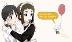  2girls aiu404l apron balloon black_hair black_shirt brown_eyes brown_hair egg_(aiu404l) english_commentary english_text grey_eyes highres holding holding_balloon hug jacket long_sleeves maid maid_apron maid_headdress medium_hair multiple_girls open_mouth original pacifier shirt simple_background white_apron white_jacket yuri 