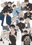  1boy 1girl animal_ears black_hair blue_eyes blue_hairband burger burn_scar butler carrying carrying_over_shoulder carrying_person covering_another's_mouth cropped_torso eating fake_animal_ears food fox_ears gagged grey_hair hairband hand_gagged hand_over_another's_mouth heart heart_hands highres holding holding_food j_(reverse:1999) jacket maid matilda_bouanich medium_hair milmil7 multiple_views one_side_up rabbit_ears reverse:1999 scar scar_on_face shirt short_hair upper_body white_background 