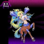  1girl :d animal_ears arms_up bare_shoulders be_witches bikini blonde_hair blue_bikini blue_choker blue_leg_warmers blue_sleeves blue_vest blunt_bangs blush_stickers breast_expansion breasts centaur chitei_(rai32019) choker cleavage commentary detached_sleeves english_commentary extra_breasts frilled_sleeves frills full_body garter_straps hair_ornament high_ponytail highres hooves horse_ears horse_tail large_breasts leg_warmers logo long_hair looking_to_the_side monster_girl multiple_legs navel official_art open_clothes open_mouth open_vest ponytail race_queen second-party_source sidelocks smile solo star_(symbol) star_hair_ornament stomach strapless swimsuit tachi-e tail taur teeth tube_top underboob upper_teeth_only variant_set very_long_hair vest white_tube_top yellow_eyes 